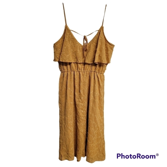 Spirit Of Grace Mustard Yellow Marigold Flounce V-Neck Embroidered Midi Dress M - Picture 3 of 9